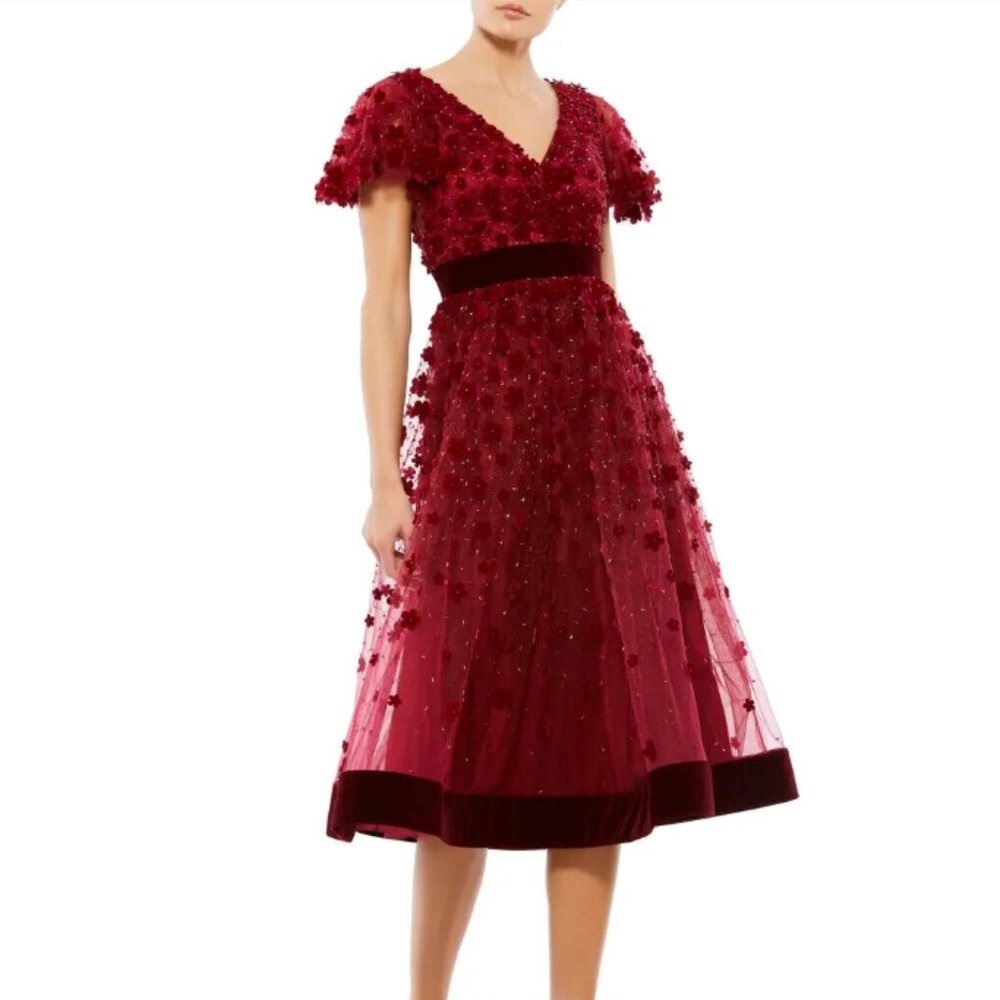 MAC DUGGAL FLORAL APPLIQUE VELVET TRIM COCKTAIL RED/BURGUNDY MIDI DRESS sz 4